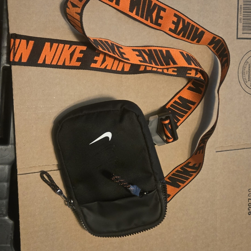 Nike Black Crossbody Phone Pouch with Orange Logo Strap